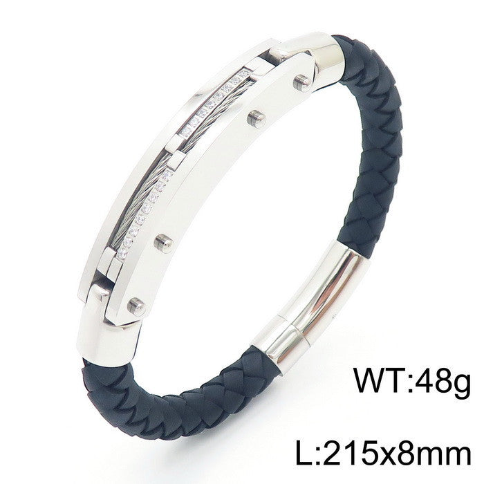 Men's bracelet with steel wire inlay – braided stainless steel leather strap