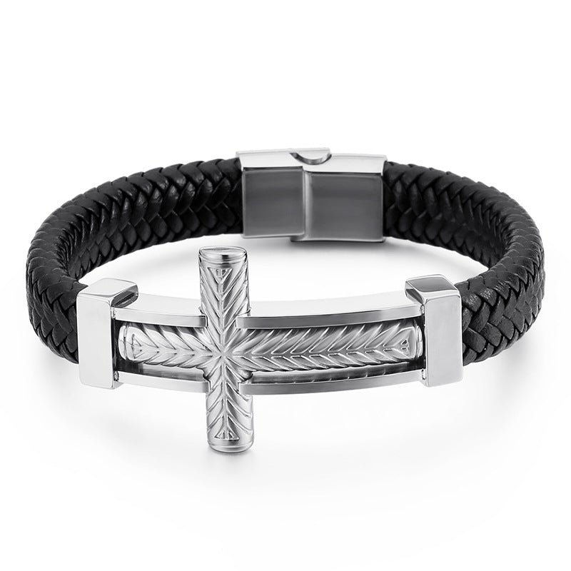 Men's braided leather bracelet with stainless steel cross – Robust men's bracelet