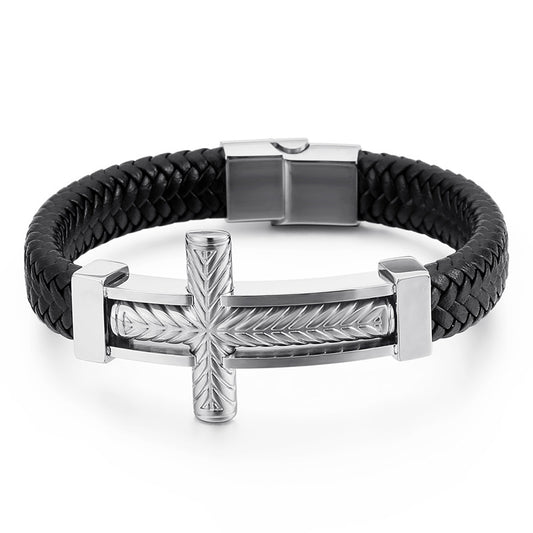 Men's braided leather bracelet with stainless steel cross – Robust men's bracelet