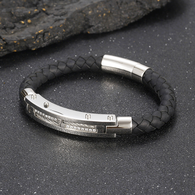 Men's bracelet with steel wire inlay – braided stainless steel leather strap