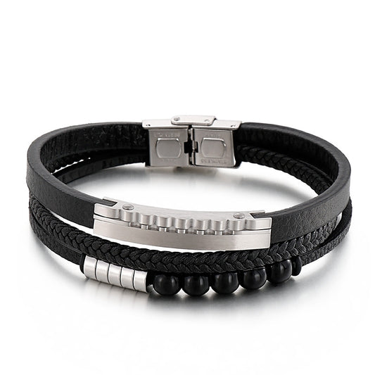 Multi-layer braided leather bracelet with stainless steel & geometric beads – Handmade unique jewelry