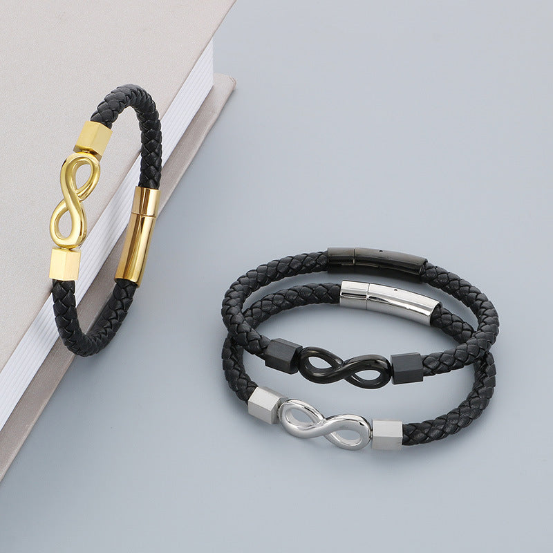 Personalized leather bracelet for men with stainless steel & infinity symbol