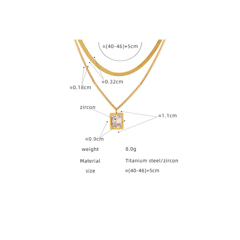 Zirconia cube pendant with double chain | Titanium steel jewelry in 18K gold or high-gloss silver - Stackable statement