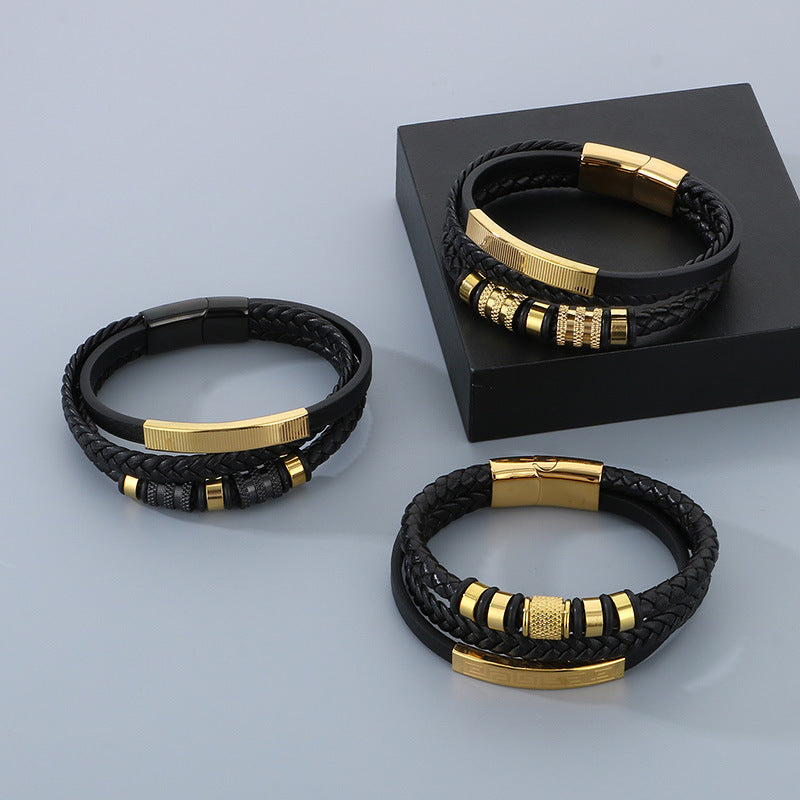 Men's titanium steel bracelet - multi-layer leather braid with curved stainless steel sheet and magnetic clasp