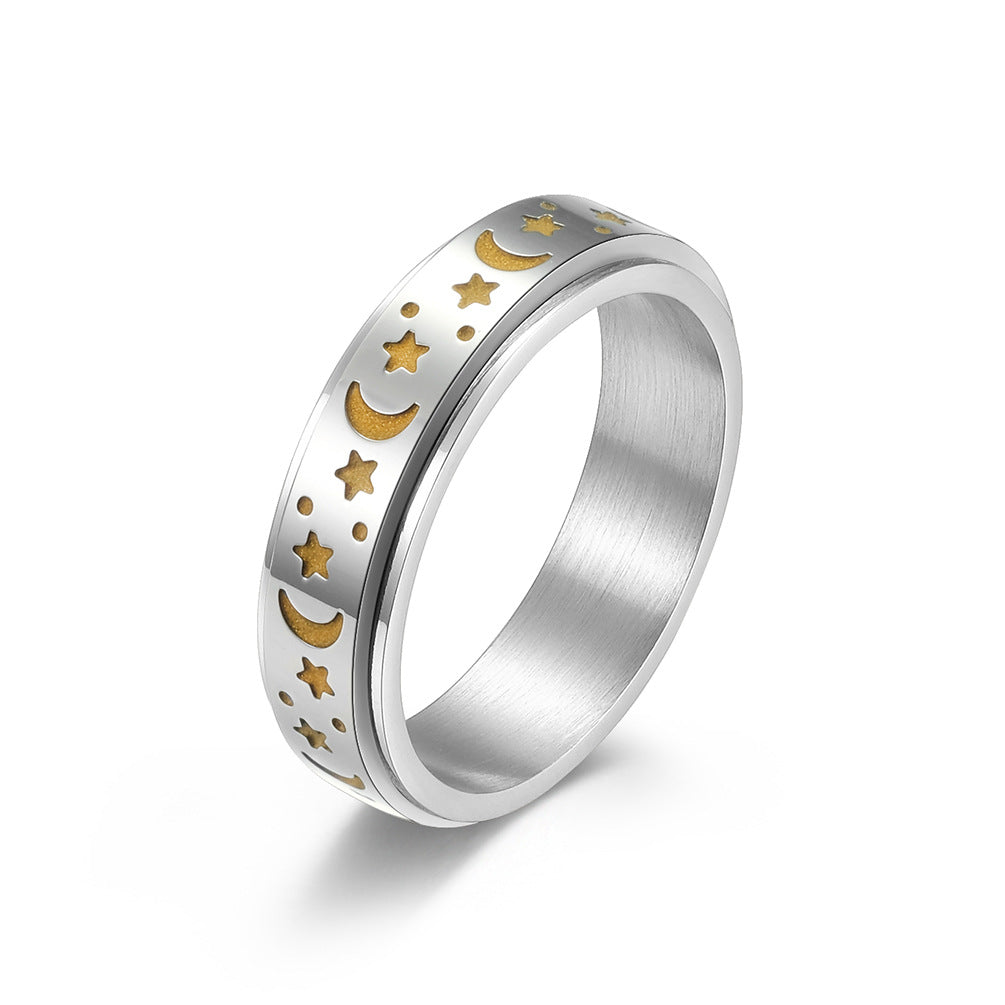 Star-Moon Titanium Ring with Glow-in-the-Dark Effect | Rotatable Anti-Stress Ring - 316L Stainless Steel for Women & Men
