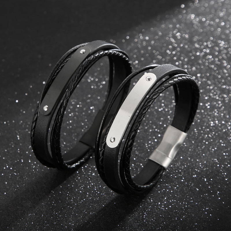Multi-layered leather bracelet with stainless steel & magnetic plate – hand-woven unique jewelry