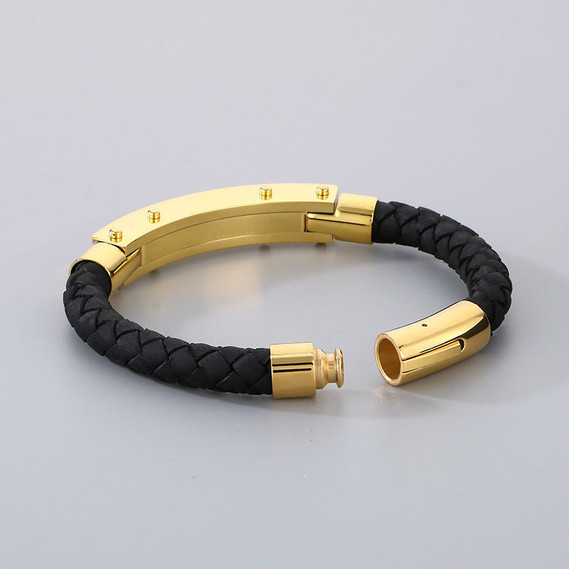 Fashionable men's bracelet made of stainless steel & braided leather - With fiber or steel wire inlays
