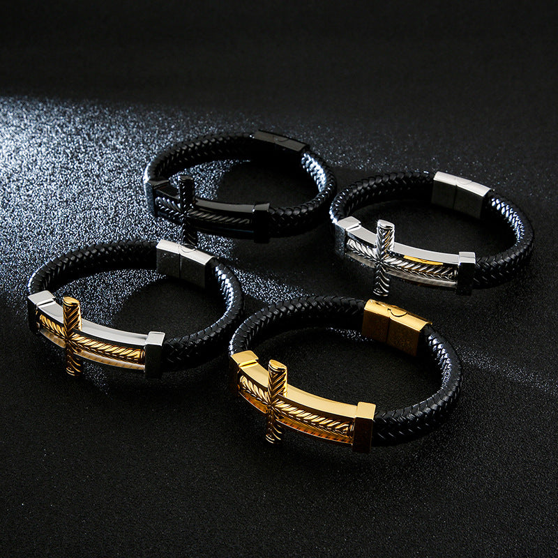 Men's braided leather bracelet with stainless steel cross – Robust men's bracelet