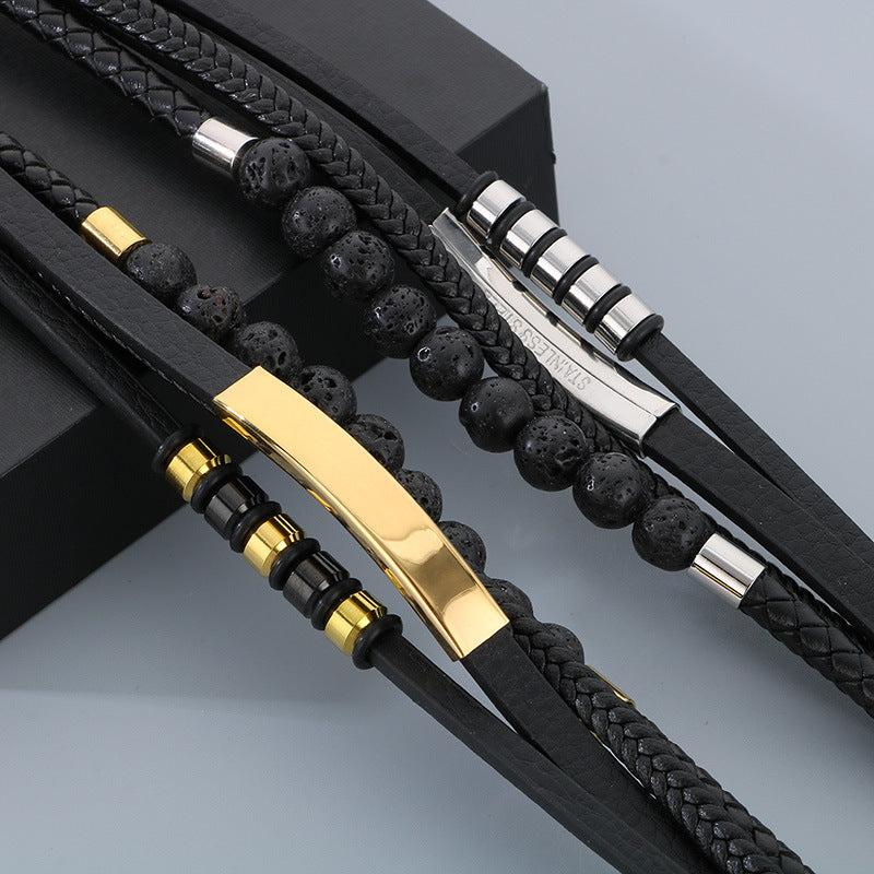 Vintage leather bracelet for men with volcanic stone & magnetic plate – multi-layer microfiber braiding