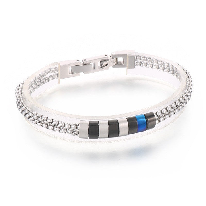 Stainless steel bracelet for men with maritime motifs - anchor, steering wheel, tree of life and stars in 2-layer design