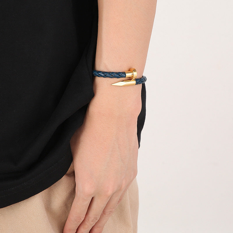 Leather bracelet with stainless steel rivets and magnetic clasp