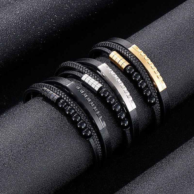 Multi-layer braided leather bracelet with stainless steel & geometric beads – Handmade unique jewelry