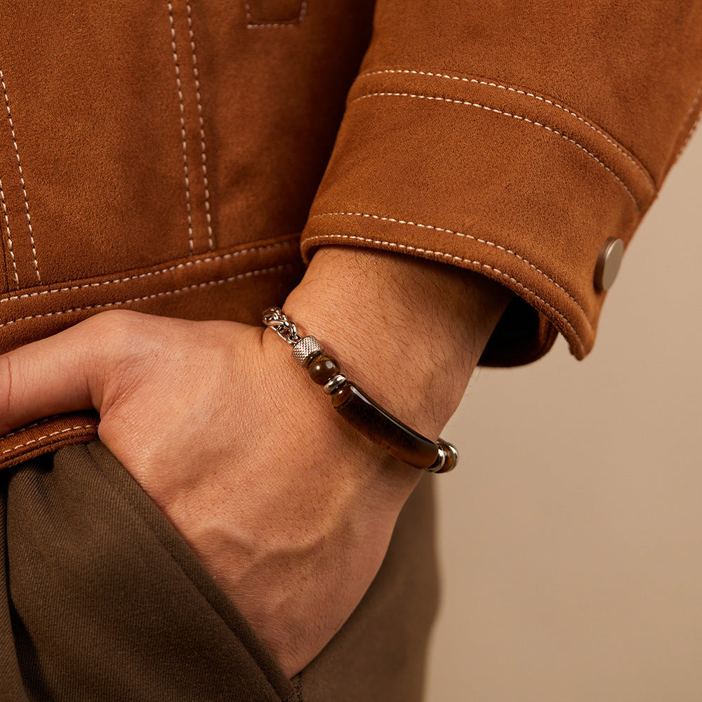 Stainless steel chain bracelet with tiger eye & titanium – For men