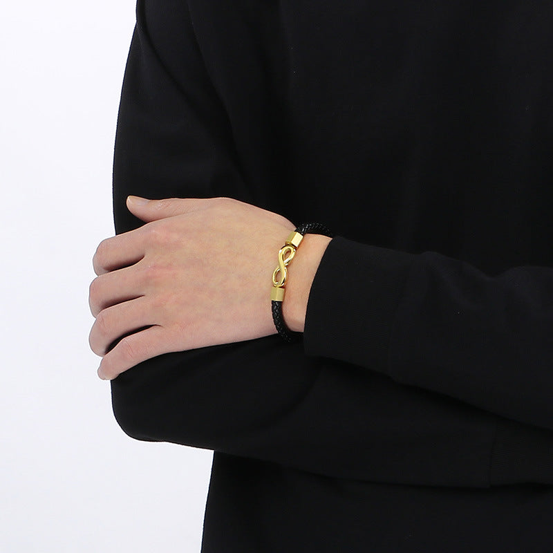 Personalized leather bracelet for men with stainless steel & infinity symbol
