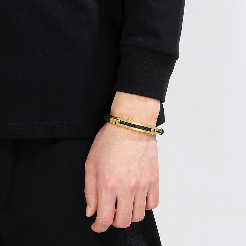 Fashionable men's bracelet made of stainless steel & braided leather - With fiber or steel wire inlays
