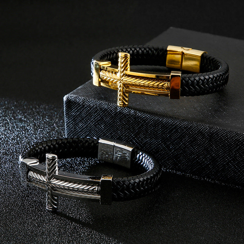 Men's braided leather bracelet with stainless steel cross – Robust men's bracelet