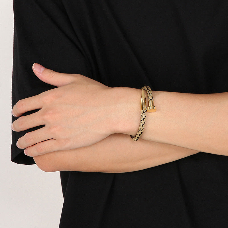 Leather bracelet with stainless steel rivets and magnetic clasp