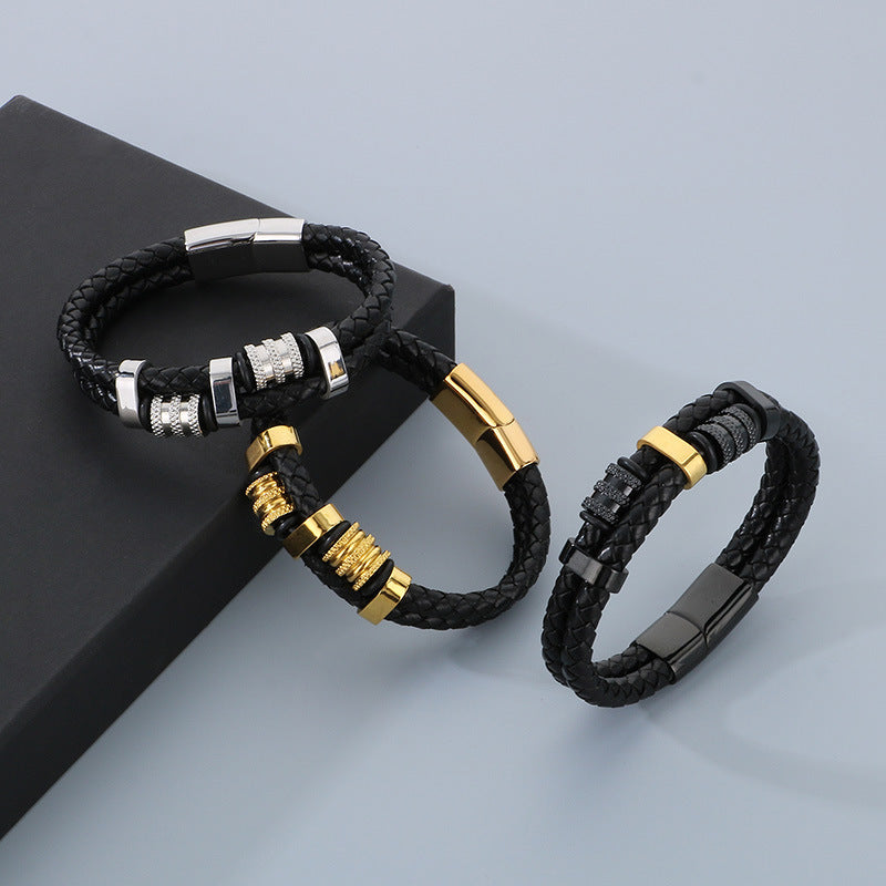 Multi-layered leather braided bracelet made of stainless steel – retro punk design with magnetic clasp
