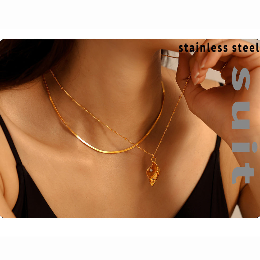 Snail shell pendant necklace with faux pearl | Stackable stainless steel set - 18k gold or high-gloss silver finish