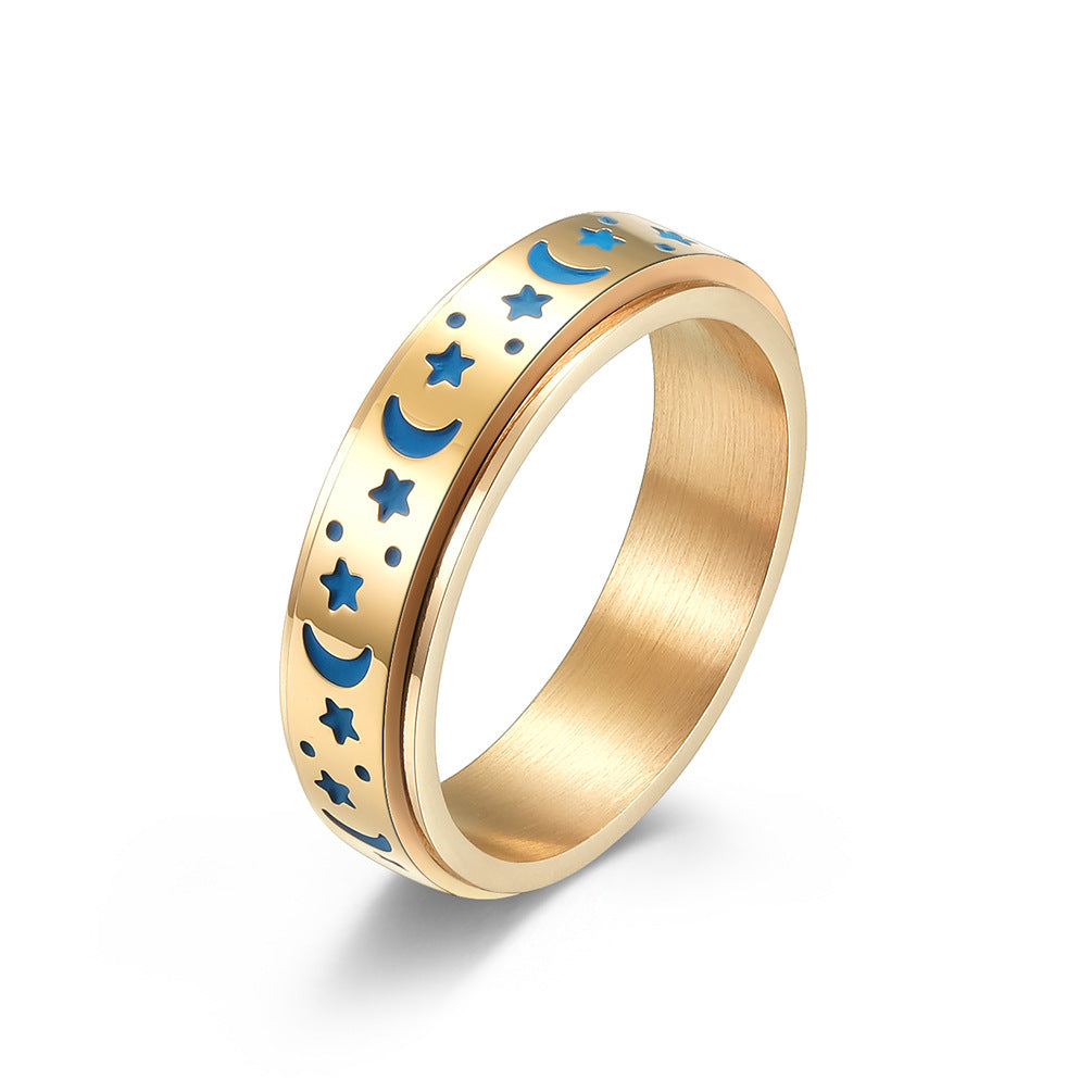 Star-Moon Titanium Ring with Glow-in-the-Dark Effect | Rotatable Anti-Stress Ring - 316L Stainless Steel for Women & Men