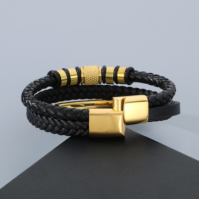 Men's titanium steel bracelet - multi-layer leather braid with curved stainless steel sheet and magnetic clasp