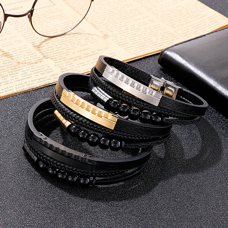 Multi-layer braided leather bracelet with stainless steel & geometric beads – Handmade unique jewelry