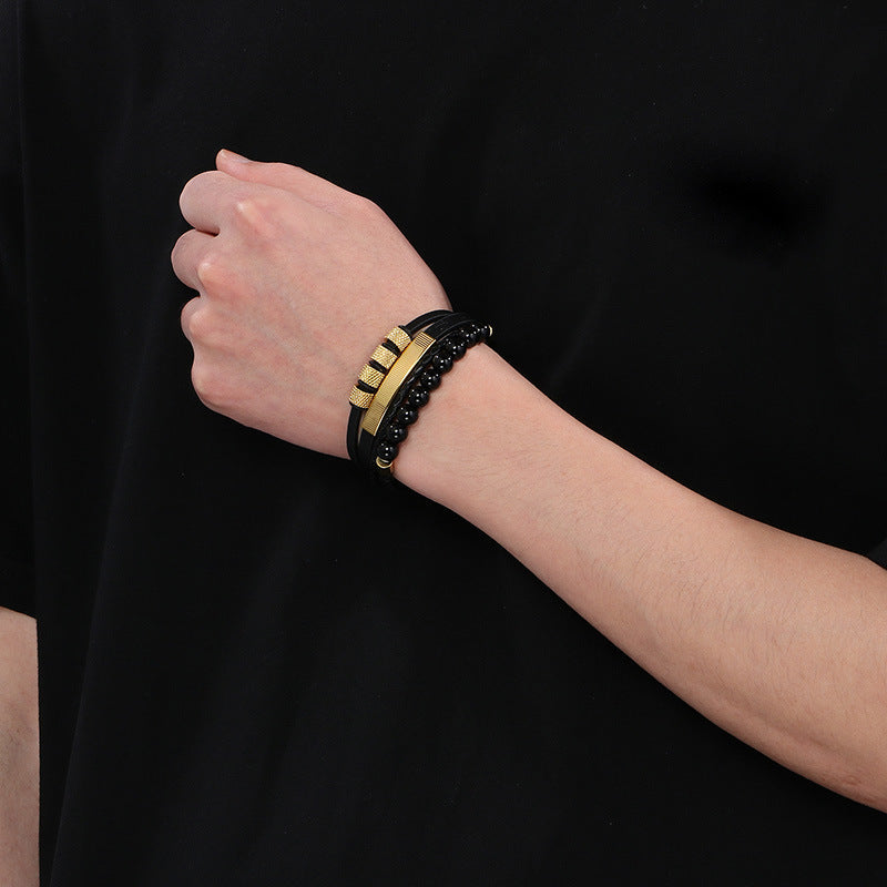Vintage leather bracelet for men with volcanic stone & magnetic plate – multi-layer microfiber braiding