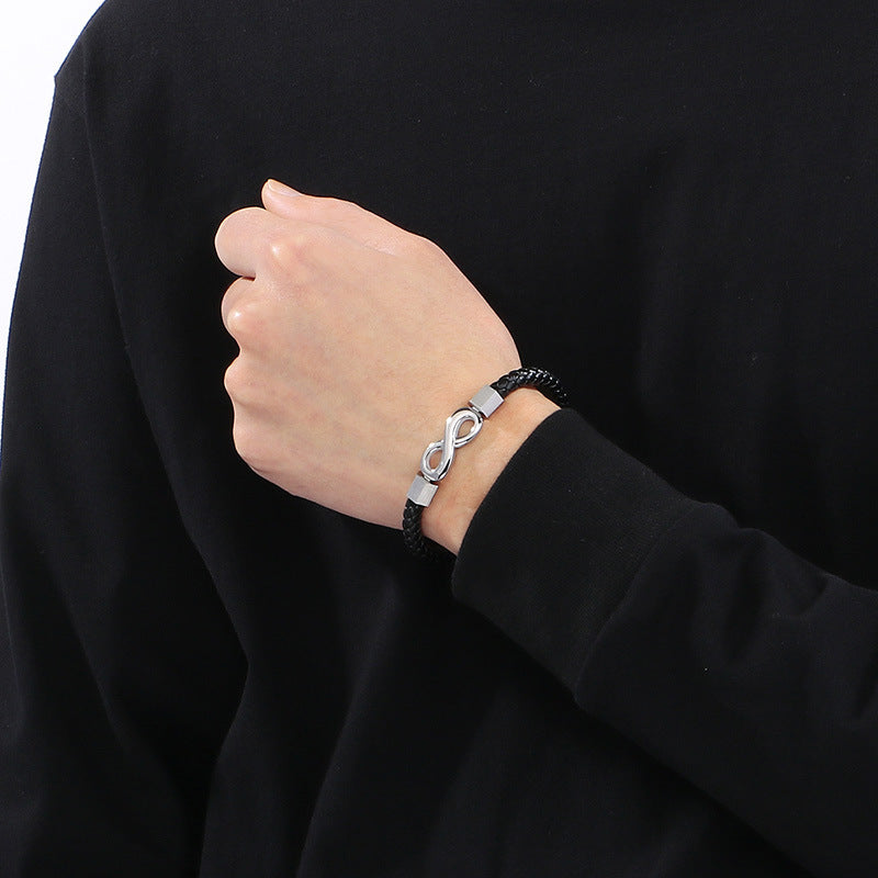 Personalized leather bracelet for men with stainless steel & infinity symbol