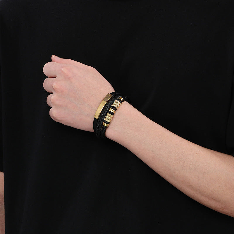 Men's titanium steel bracelet - multi-layer leather braid with curved stainless steel sheet and magnetic clasp