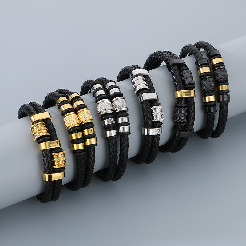 Multi-layered leather braided bracelet made of stainless steel – retro punk design with magnetic clasp