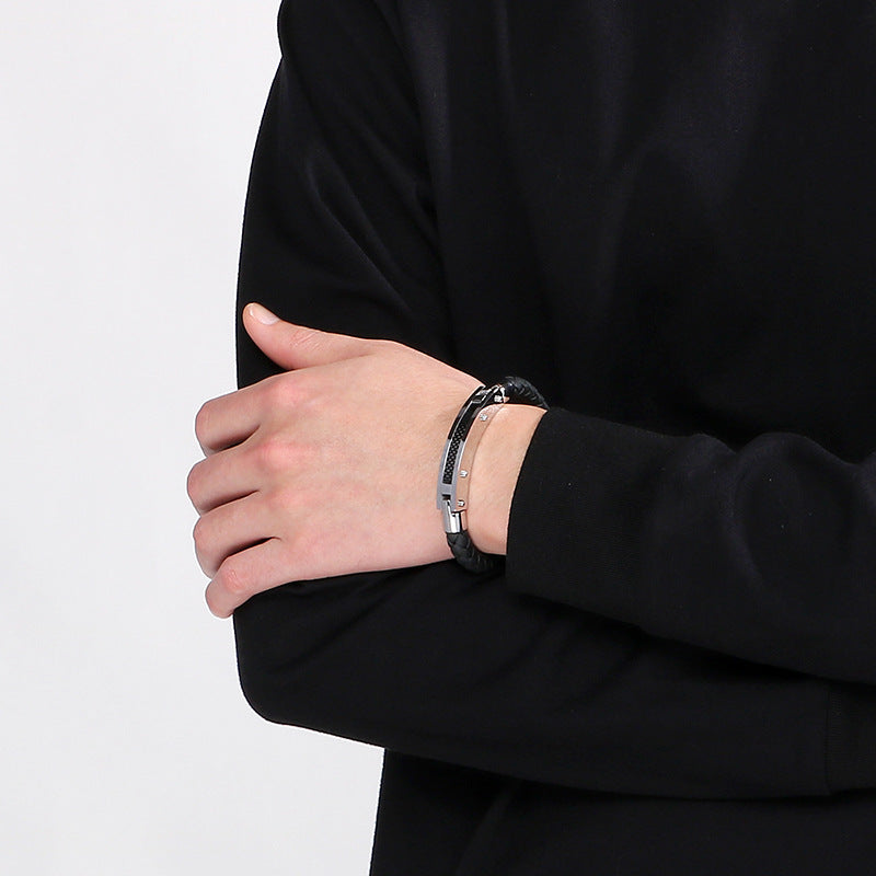 Fashionable men's bracelet made of stainless steel & braided leather - With fiber or steel wire inlays