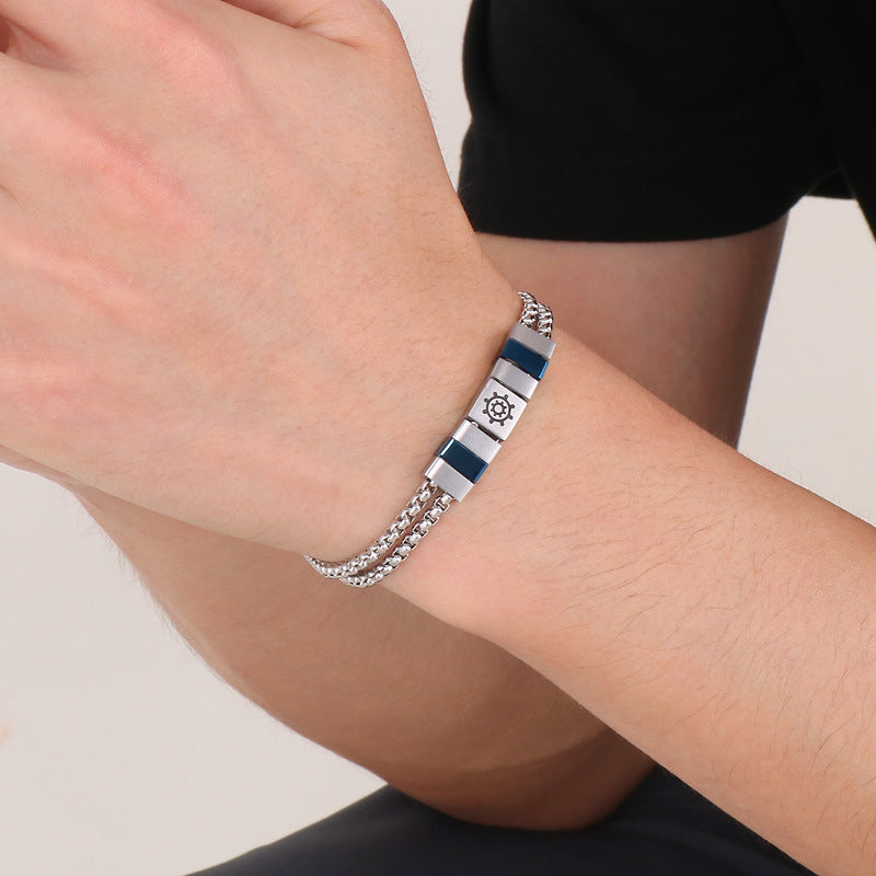 Stainless steel bracelet for men with maritime motifs - anchor, steering wheel, tree of life and stars in 2-layer design