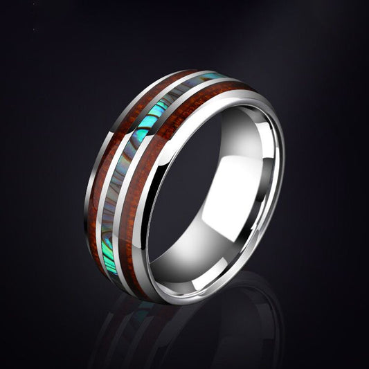 Natur-Inspirierter Wolframcarbid-Ring – Perlmutt & Edelholz in 8mm Breite