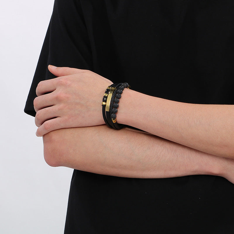 Vintage leather bracelet for men with volcanic stone & magnetic plate – multi-layer microfiber braiding
