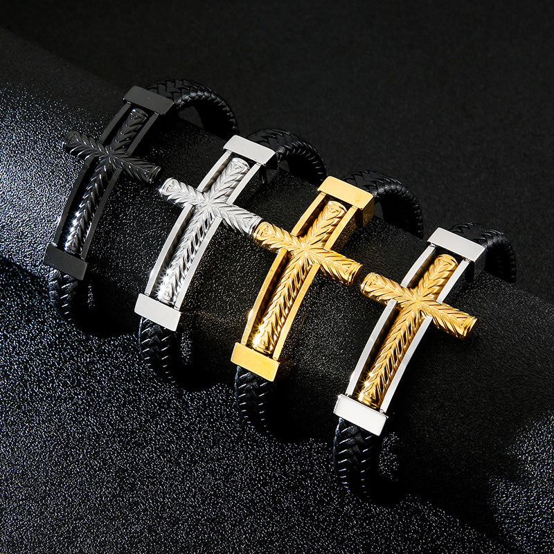 Men's braided leather bracelet with stainless steel cross – Robust men's bracelet