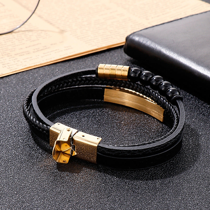 Multi-layer braided leather bracelet with stainless steel & geometric beads – Handmade unique jewelry
