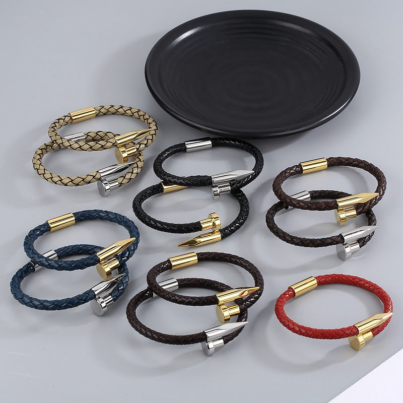 Leather bracelet with stainless steel rivets and magnetic clasp