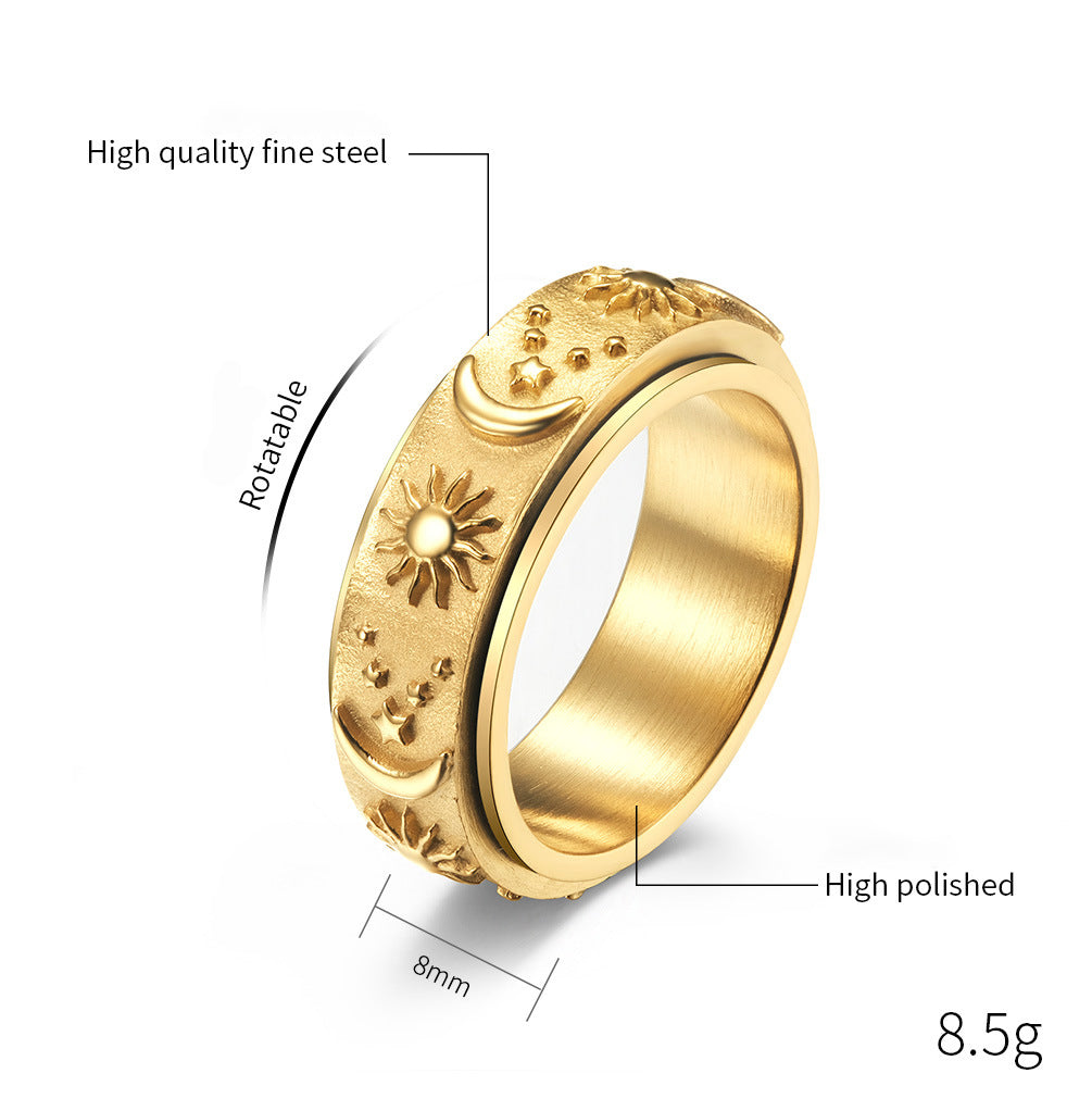 Star-Moon-Sun Titanium Ring | Rotatable Anti-Stress Ring - 316L Stainless Steel with Celestial Motif