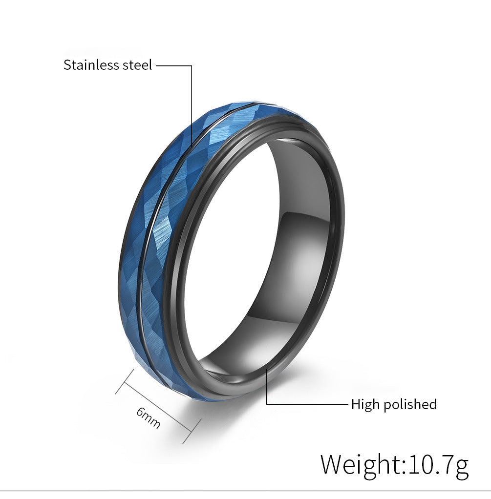 Wolframcarbid-Ring mit Rautenmuster & Schwarz-Blau-Optik – Künstlerisches Herrenaccessoire