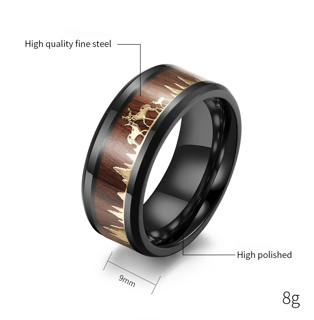 Wild Deer Titanium Steel Ring with Wood Look - Nature-Inspired Men's Jewelry - Forest Motif Wedding Ring - Rustic Wood & Metal Ring