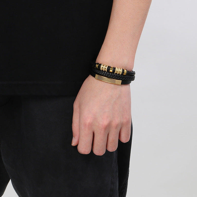 Men's titanium steel bracelet - multi-layer leather braid with curved stainless steel sheet and magnetic clasp