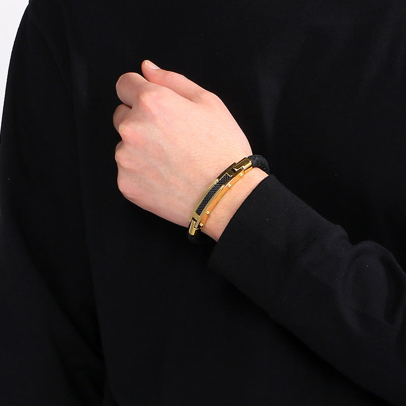 Fashionable men's bracelet made of stainless steel & braided leather - With fiber or steel wire inlays