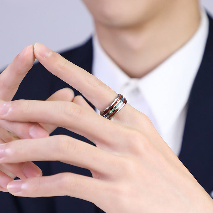 Natur-Inspirierter Wolframcarbid-Ring – Perlmutt & Edelholz in 8mm Breite