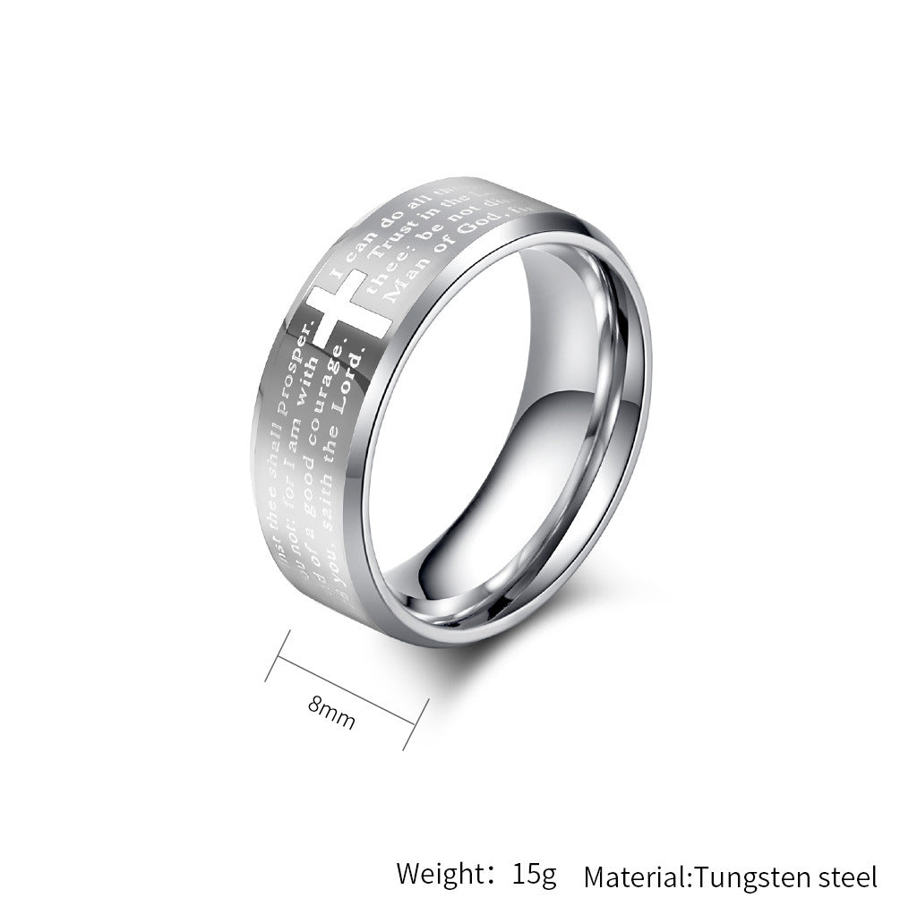 Wolframcarbid-Ring mit Laser-Gravur – Kreuz & Bibelzitat in modernem Design