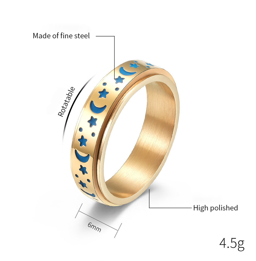 Star-Moon Titanium Ring with Glow-in-the-Dark Effect | Rotatable Anti-Stress Ring - 316L Stainless Steel for Women & Men