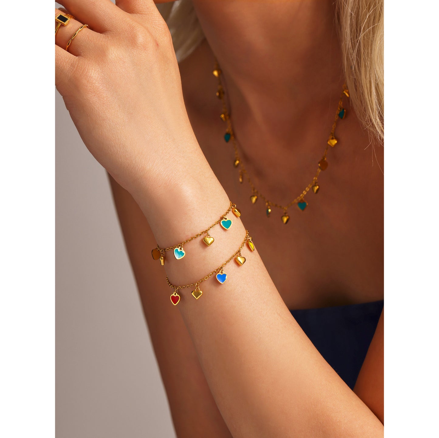 Multicolored Green Heart Collection – 18K gold-plated stainless steel jewelry as a bracelet or necklace (available in gold or silver finish)