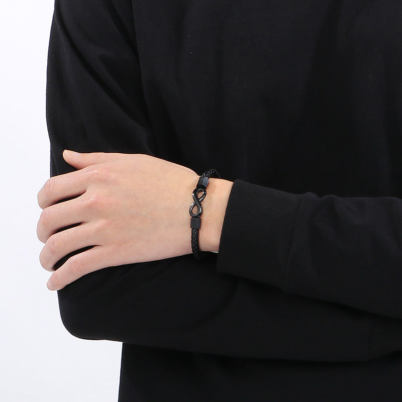 Personalized leather bracelet for men with stainless steel & infinity symbol