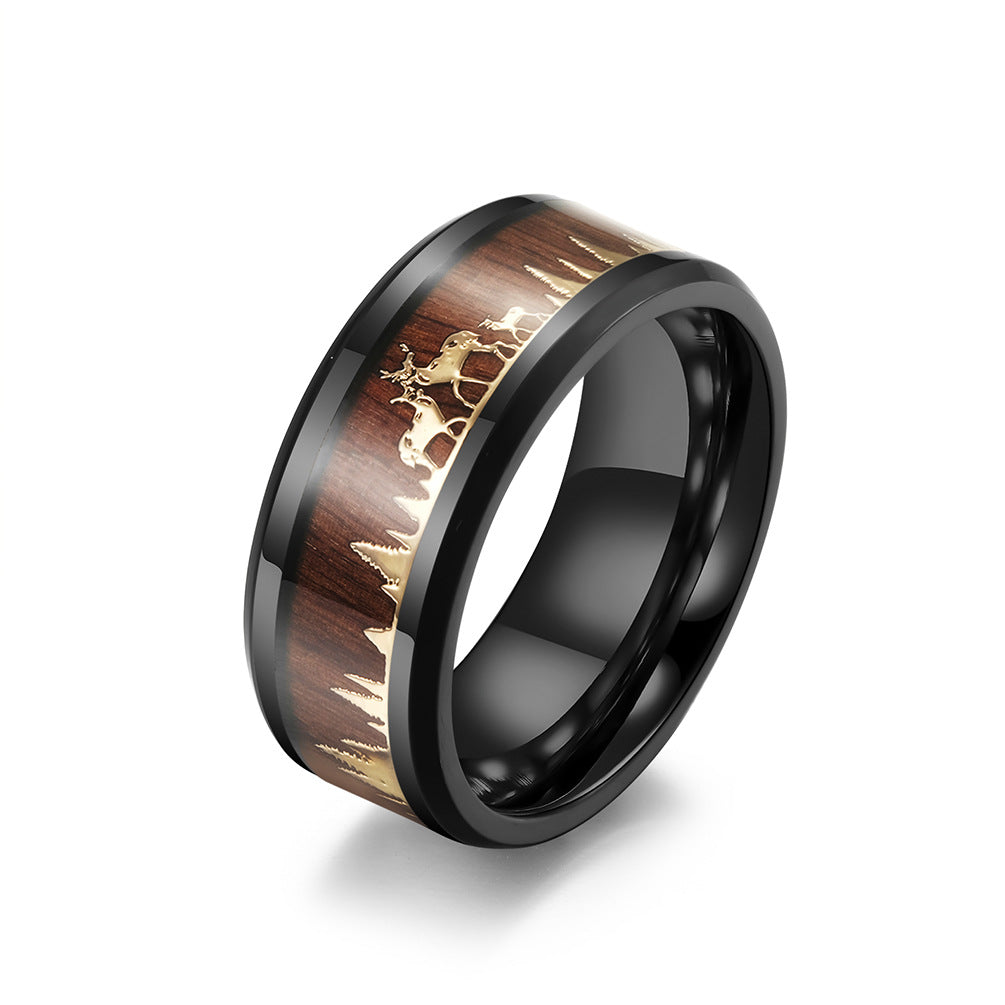 Wild Deer Titanium Steel Ring with Wood Look - Nature-Inspired Men's Jewelry - Forest Motif Wedding Ring - Rustic Wood & Metal Ring
