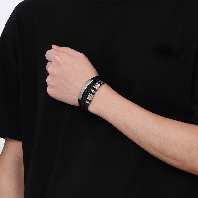 Men's titanium steel bracelet - multi-layer leather braid with curved stainless steel sheet and magnetic clasp