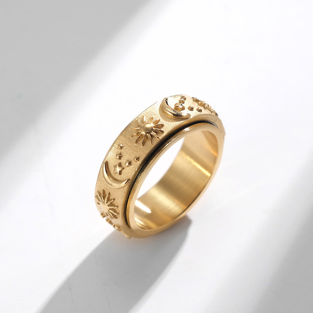 Star-Moon-Sun Titanium Ring | Rotatable Anti-Stress Ring - 316L Stainless Steel with Celestial Motif
